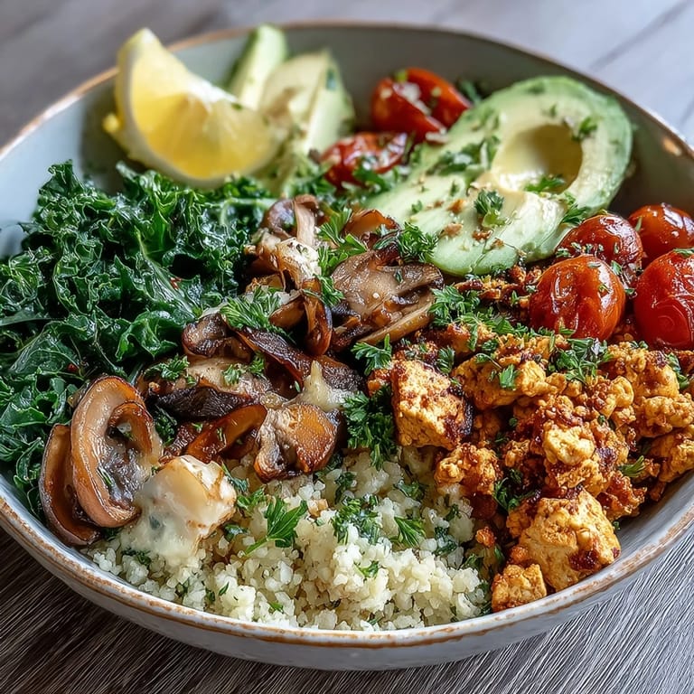 Close-up of a nutritious Scrambled Tofu Breakfast Bowl with vibrant colors, lemon wedges, and savory textures ready to eat.