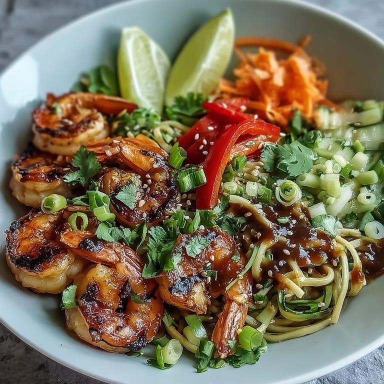 Close-up of the 15-Minute Asian Noodle Bowl with succulent grilled shrimp, crunchy carrots, and cucumber slices tossed in a savory sauce.