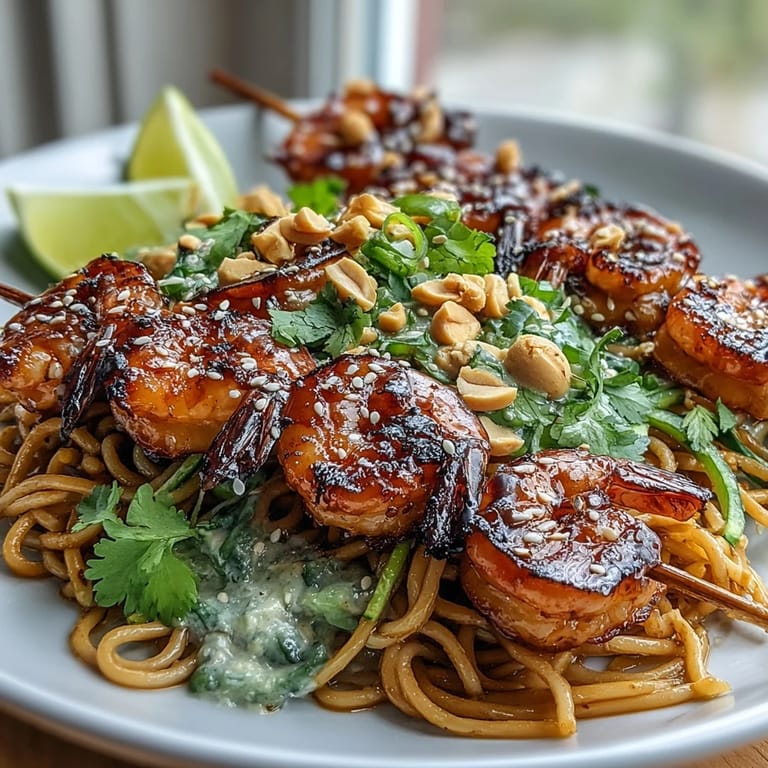 Grilled Shrimp Asian Noodle Bowl with creamy avocado and crunchy peanuts garnished with cilantro.
