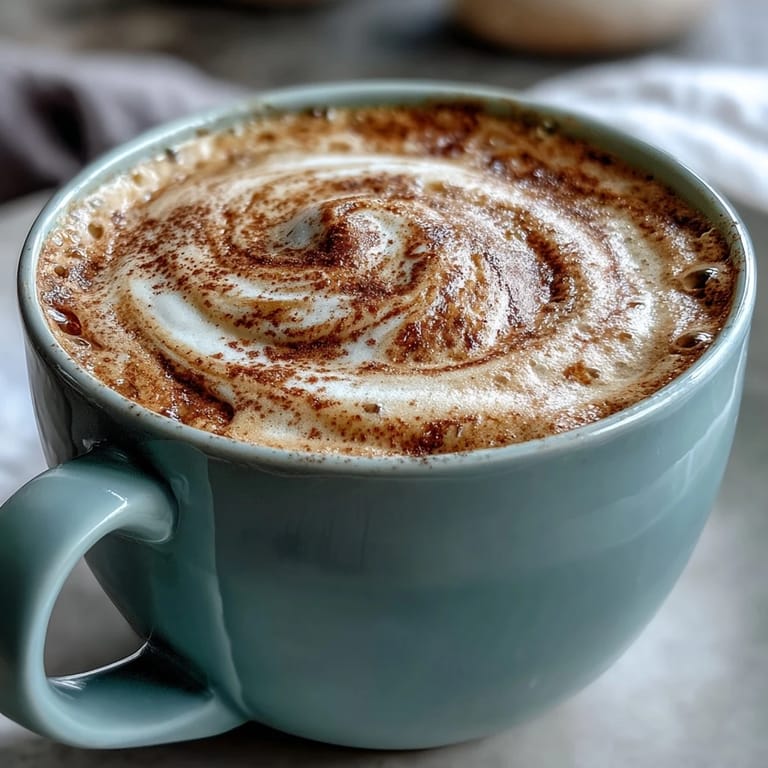 A cozy cup of hojicha cappuccino, its amber-brown hue complemented by a rustic wood table and a small honey dipper.