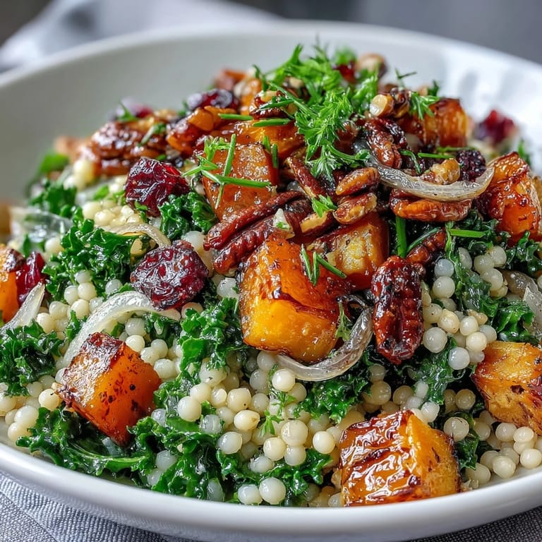 A close-up of colorful Honey Autumn Pearl Couscous Salad, perfect for a festive fall lunch or healthy vegetarian side dish.