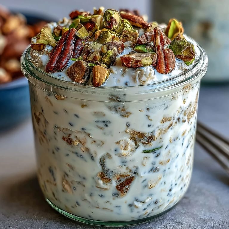 Breakfast jar of pistachio overnight oats with milk, oats, and pistachios beside fresh fruit.