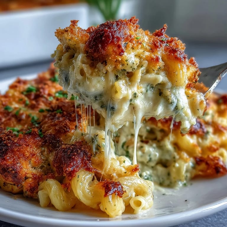 Hearty slice of Baked Pesto Chicken Mac & Cheese plated with fresh basil, ready for a comforting family dinner.