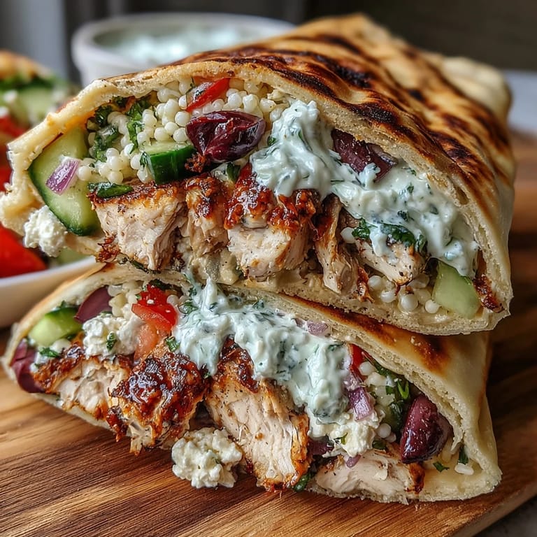 Freshly assembled Greek Chicken Feta Stuffed Pitas ready to serve with lemon wedges and olives.