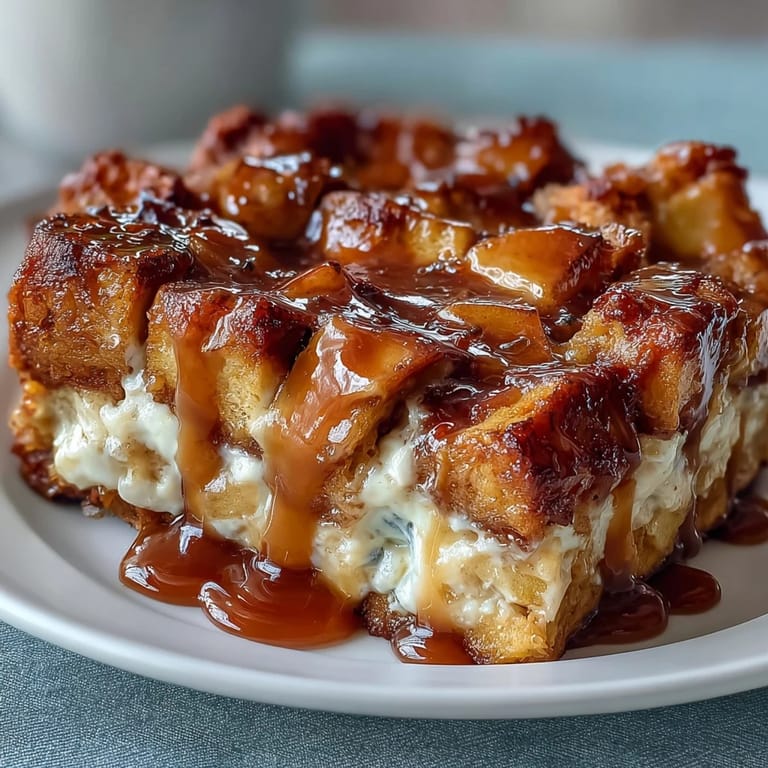 A slice of Caramel Apple Cheesecake Bread Pudding reveals tender apple chunks and creamy custard on a rustic wooden serving board. 