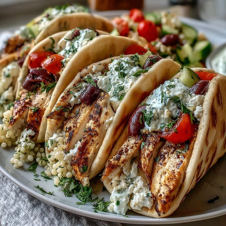 Juicy Greek Chicken Feta Stuffed Pitas stuffed with tender chicken, crumbled feta, and diced vegetables on a plate.