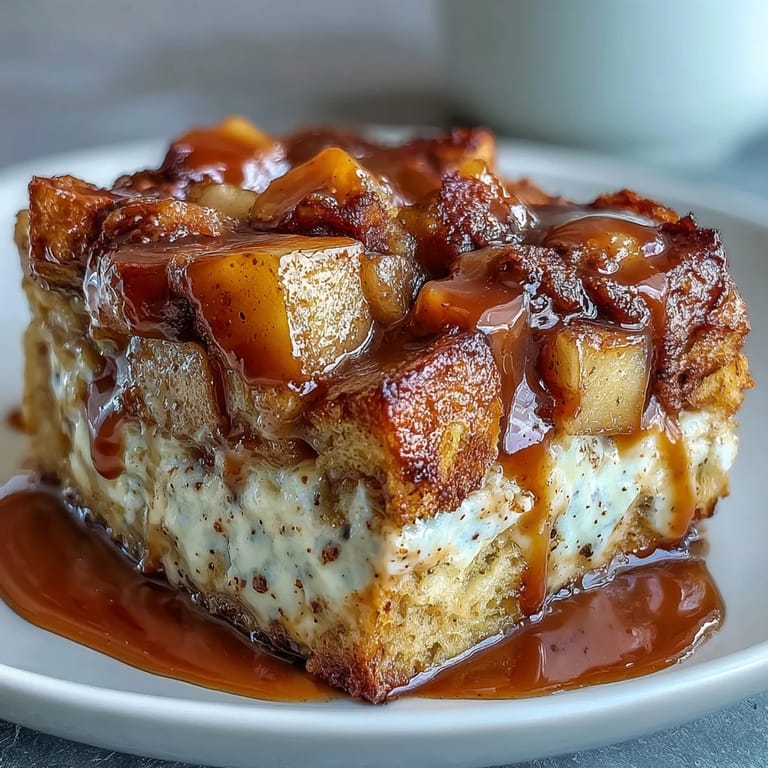 Close-up of Caramel Apple Cheesecake Bread Pudding topped with vanilla ice cream melting into the custard.