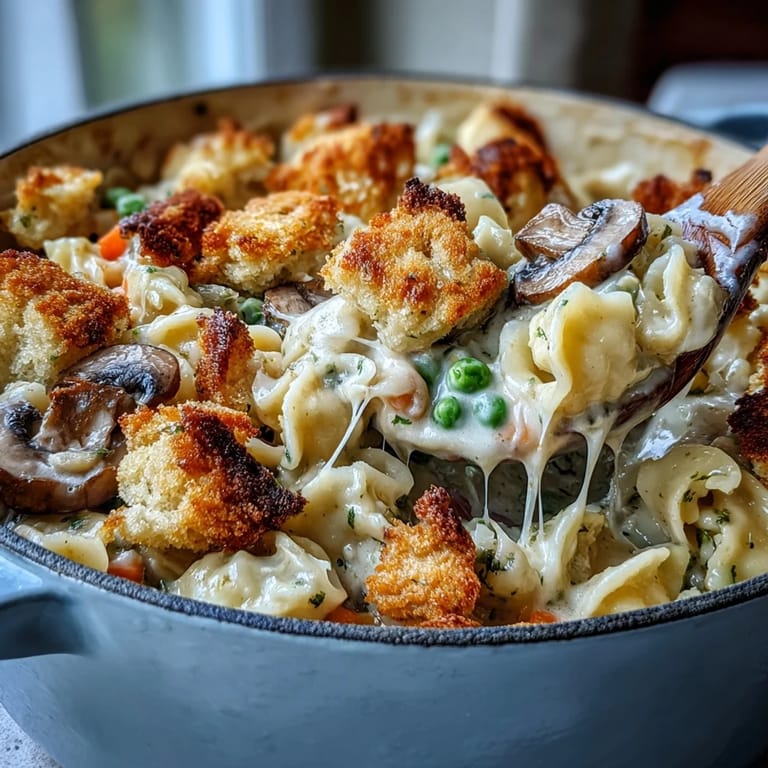 Creamy Veggie Pot Pie Pasta is served in a rustic dish next to a green salad.