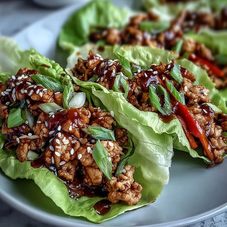 Tender ground chicken mixture for Skinny Asian Chicken Lettuce Wraps piled high in crisp butter lettuce cups.