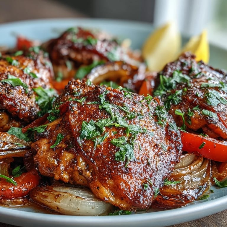 A close-up of One-Pan Paprika Chicken alongside vibrant peppers and onions, garnished with parsley.
