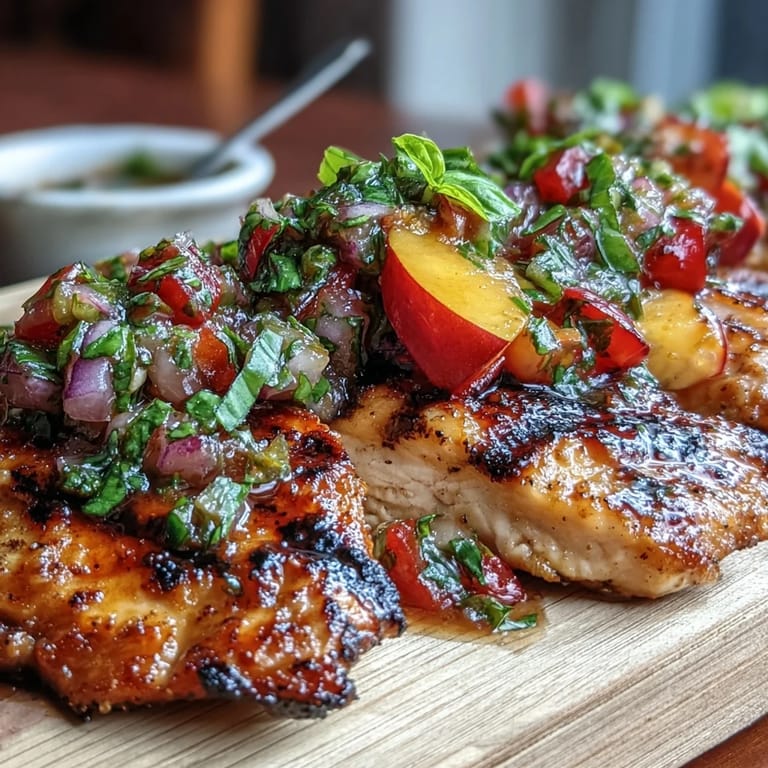 Grilled Chicken with Peach Basil Salsa topped with a spoonful of vibrant fresh peaches and herbs.