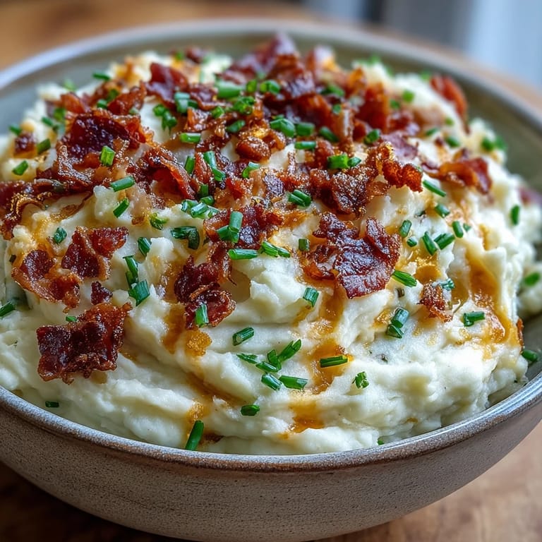 Steam rises from a spoonful of the Keto Bacon and Cheddar Cauliflower Mash, revealing a rich texture with melted cheddar and crunchy bacon bits.