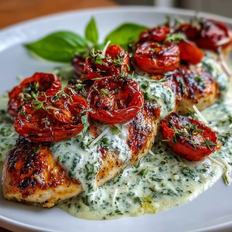 Keto-friendly chicken breasts simmered in basil pesto cream sauce, topped with oven-roasted cherry tomatoes for a low-carb Italian-inspired dinner.