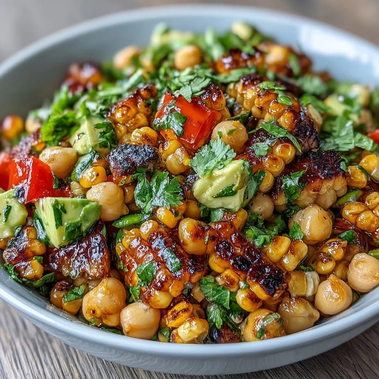 Colorful street corn salad with chickpeas, charred corn, red bell pepper, and zesty chili-lime dressing in a rustic serving bowl.  