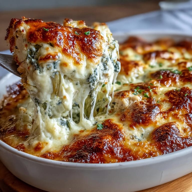 Low-carb chicken casserole featuring tender chicken, fresh spinach, and artichokes under a bubbly mozzarella crust.