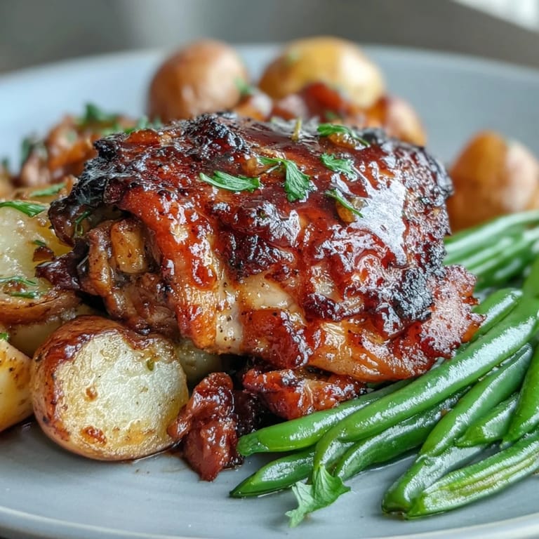 Juicy chicken thighs, tender baby potatoes, and crisp green beans drizzled with honey garlic glaze on a sheet pan.  