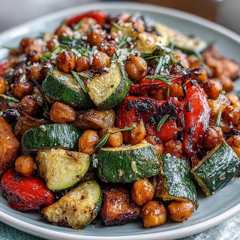 Bright and aromatic, this Lemon Garlic Roasted Vegetable Medley features caramelized seasonal veggies and chickpeas tossed in lemon-garlic dressing for a healthy, vibrant side.  