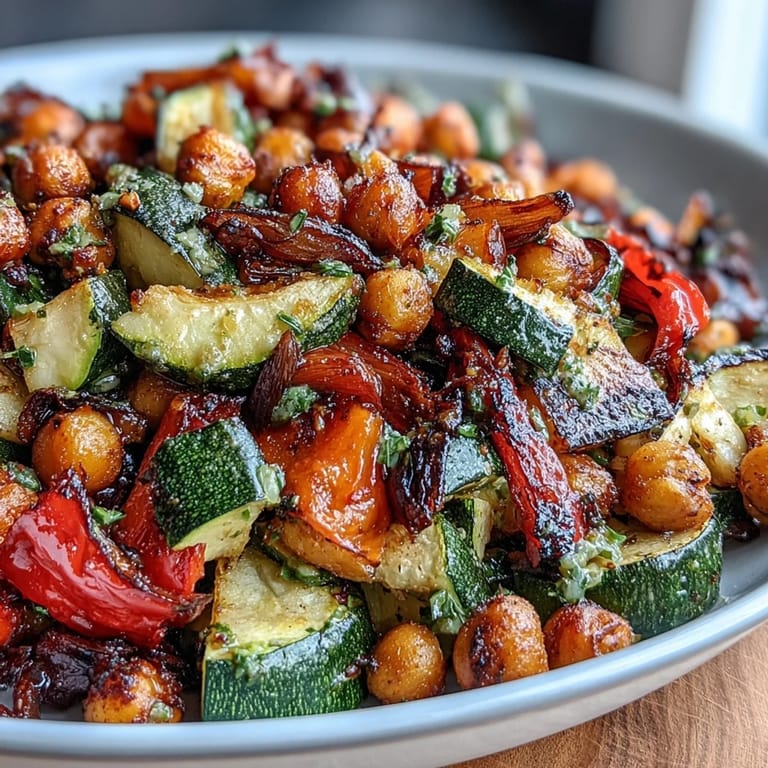 Serve this Lemon Garlic Roasted Vegetable Medley with Chickpeas warm or at room temperature for a flavorful, plant-based dish bursting with Mediterranean-inspired flavors.