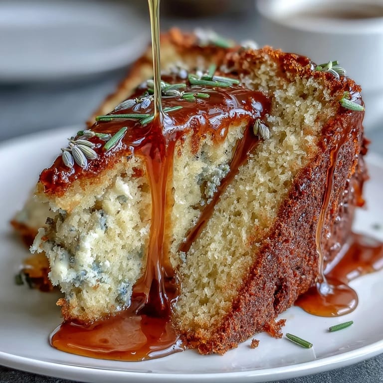 Fluffy lavender-infused cake with rich salted honey drizzle, garnished with edible flowers for a sophisticated dessert.