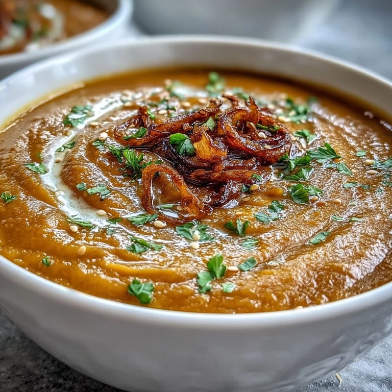 Golden roasted butternut squash pureed with miso and ginger into a smooth, nourishing soup perfect for chilly evenings.