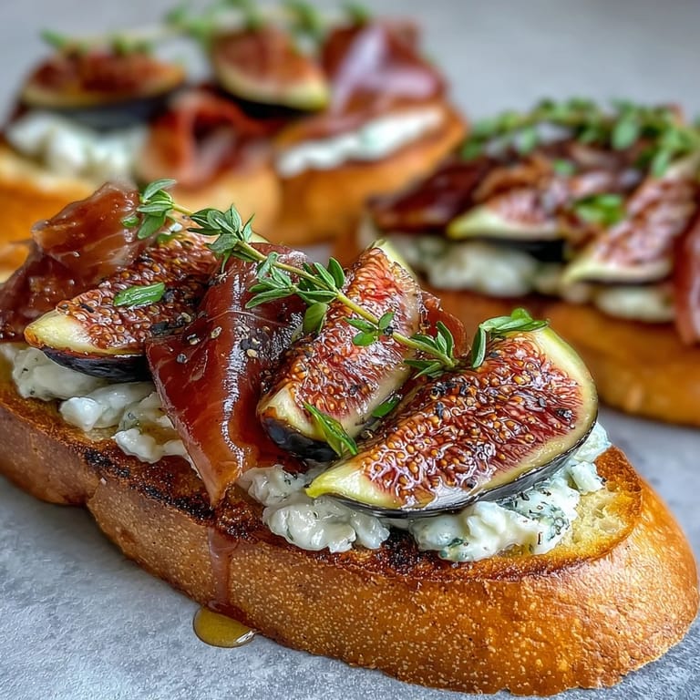 Crispy toasted bread layered with prosciutto, juicy figs, and optional creamy goat cheese, garnished with thyme.