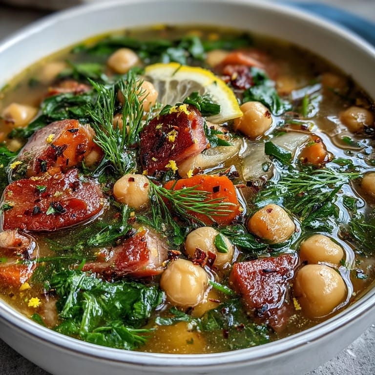 Creamy chickpea and tender ham soup with vibrant lemon and dill, served hot in a rustic bowl for a nourishing dinner.