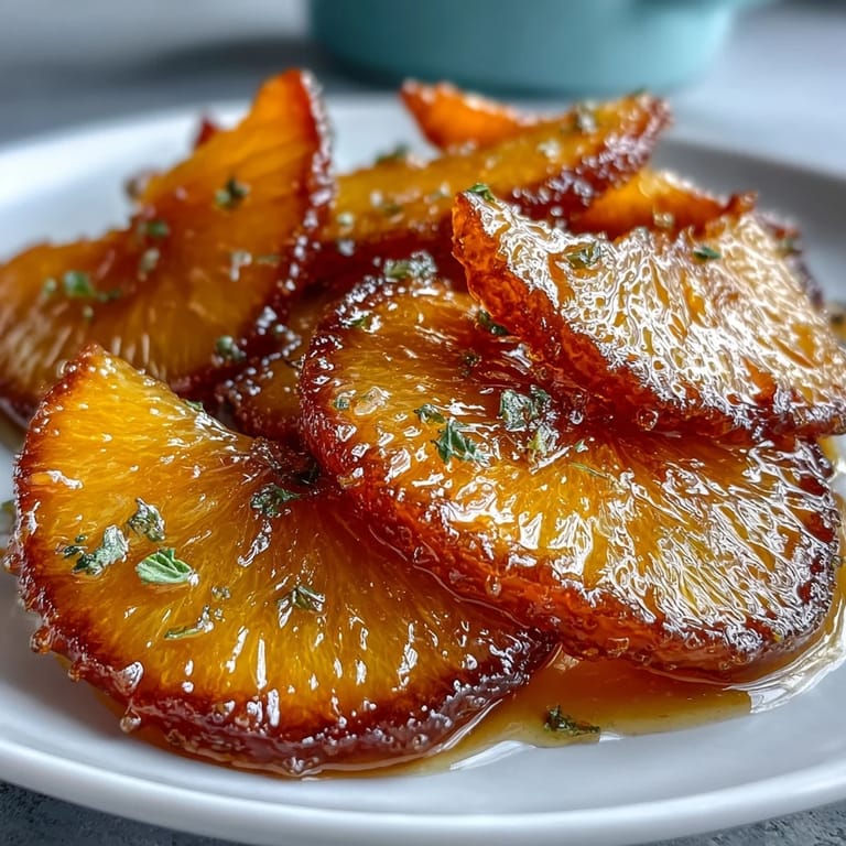Fragrant candied orange wedges simmered in vanilla-infused syrup, adding a vibrant, elegant topping to desserts and breakfast treats.  