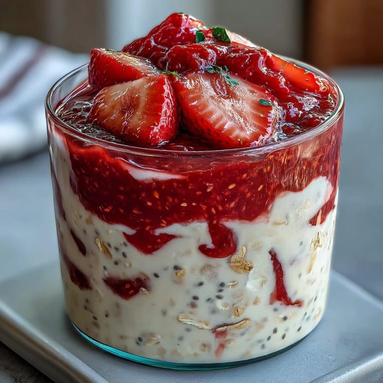 A wholesome breakfast featuring creamy oats topped with homemade strawberry chia jam and fresh fruit slices.
