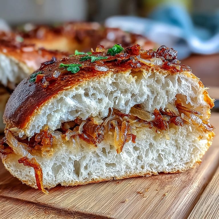 Tangy sourdough base meets sweet caramelized onions in these golden-brown bagels, ideal for brunch or lunch.  