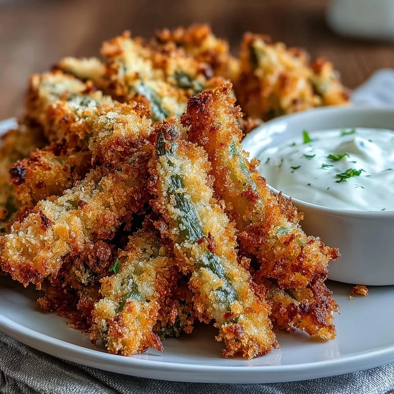 Golden green bean fries made in the air fryer, paired with tangy homemade ranch dip—perfect appetizer or side dish.  