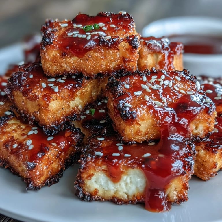 Golden tofu nuggets tossed in sweet chili sauce, served hot and crispy from the air fryer for a flavorful vegetarian appetizer.  