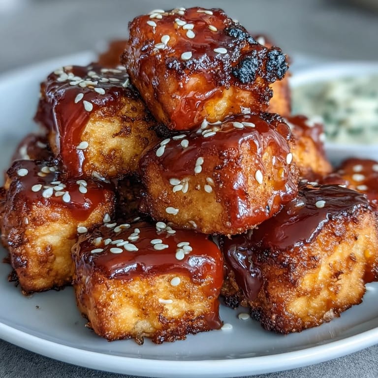 Crunchy tofu nuggets coated in sweet chili sauce, air-fried to perfection and topped with fresh green onions for a spicy-sweet bite.