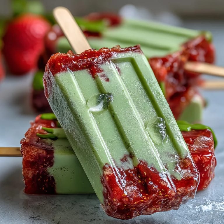 Vibrant homemade popsicles featuring sweet strawberry and earthy matcha layers, ideal for warm spring days.
