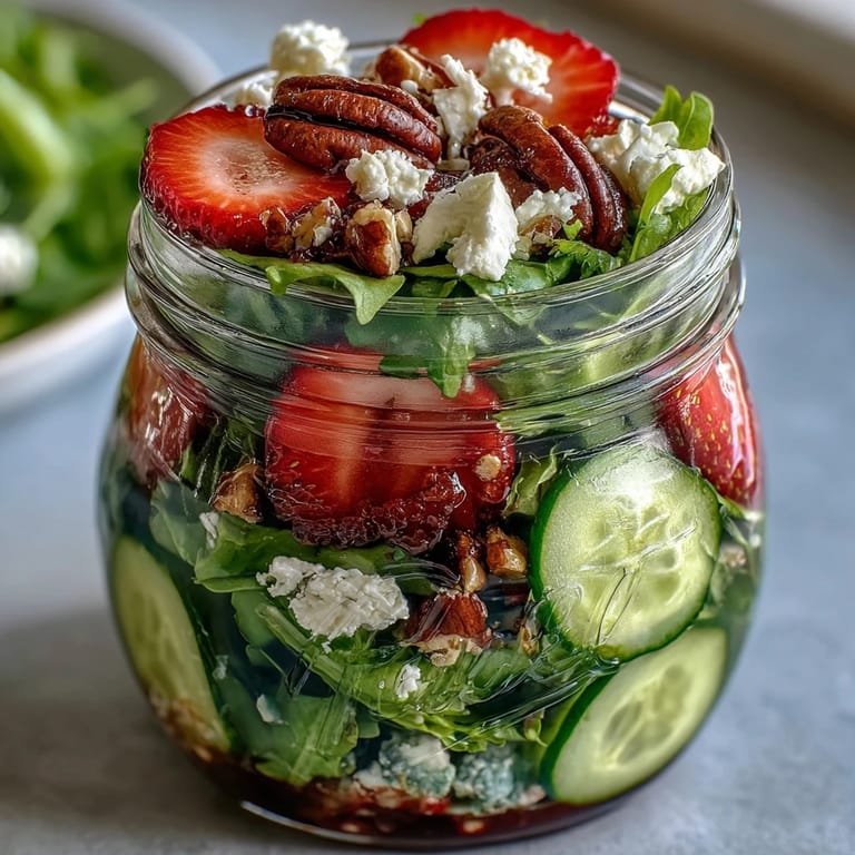 Picnic-ready jar salad featuring sweet strawberries, tangy goat cheese, and crisp greens, perfect for outdoor dining.