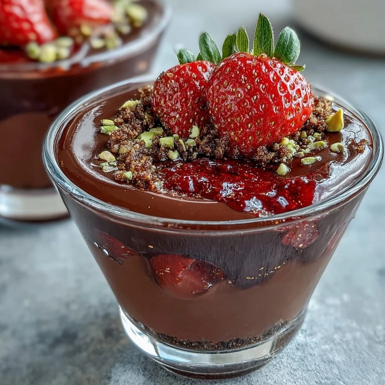 Luscious no-bake dessert cups featuring silky dark chocolate ganache, sweet macerated strawberries, and a crunchy biscuit crust, topped with pistachios.