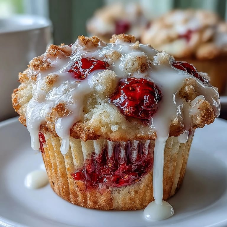 Soft and moist strawberry muffins filled with ripe berries, finished with a glossy lemon glaze for a perfect snack.