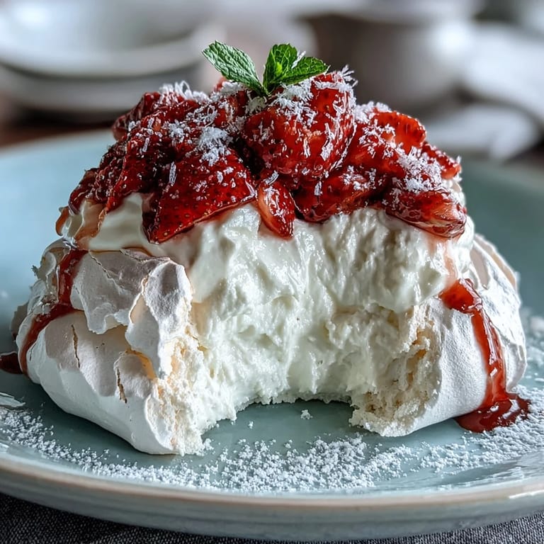 Elegant mini pavlovas featuring airy meringue, billowy cream, and vibrant strawberries, perfect for celebrations.