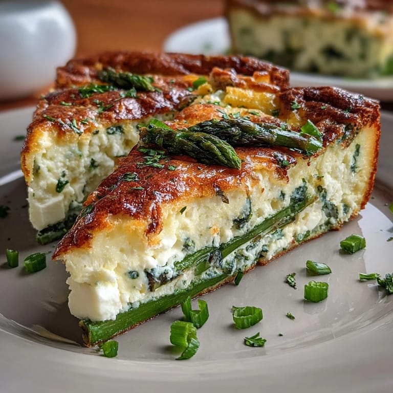 Spring Brunch Frittata with Asparagus and Goat Cheese: savory oven-baked frittata with seasonal asparagus, fresh chives, and rich goat cheese crumbles.