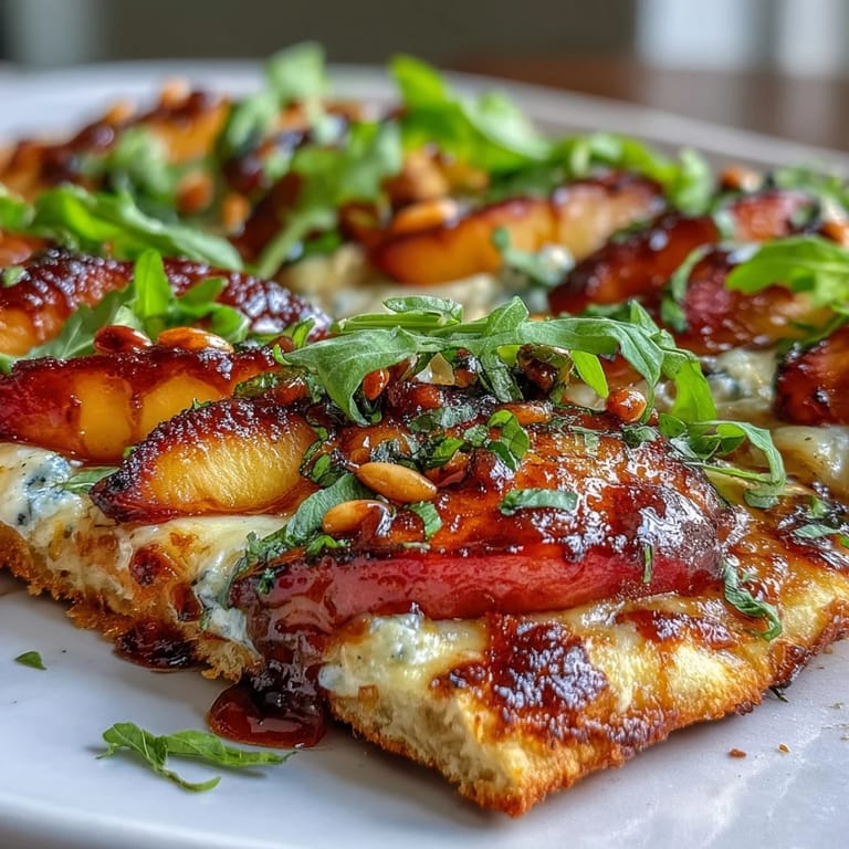 Smoky BBQ flatbread with peaches, Brie, and red onion, finished with fresh basil and honey.