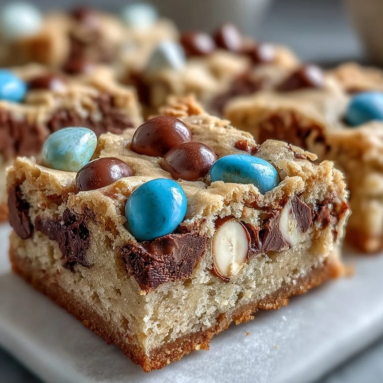 3. Festive peanut butter cookie bars studded with Easter egg chocolates, baked to golden perfection for dessert.