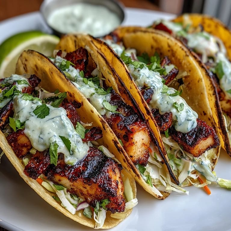 Fresh grilled white fish tacos with creamy coconut lime sauce, topped with vibrant cilantro slaw for a bright, summery flavor.