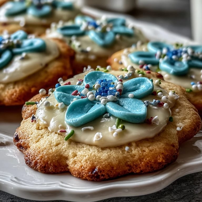 Buttery shortbread blossoms adorned with colorful royal icing, ideal for festive spring gatherings or Easter dessert tables.