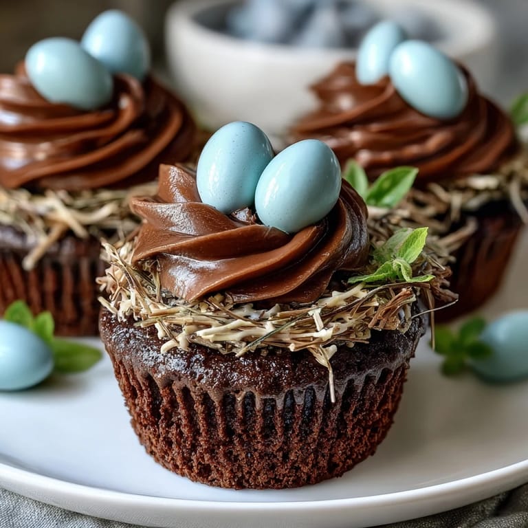 Moist chocolate Easter Nest Cupcakes topped with creamy buttercream and festive candy eggs, creating a delightful holiday dessert centerpiece.  