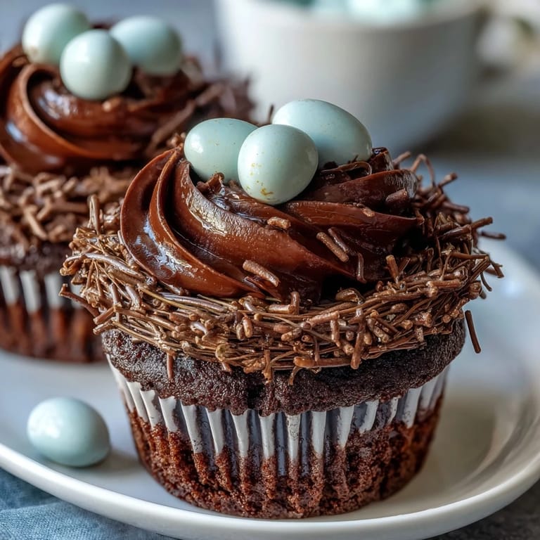 Charming Easter Nest Cupcakes featuring chocolate buttercream and colorful candy eggs, ideal for adding a whimsical touch to your Easter table.
