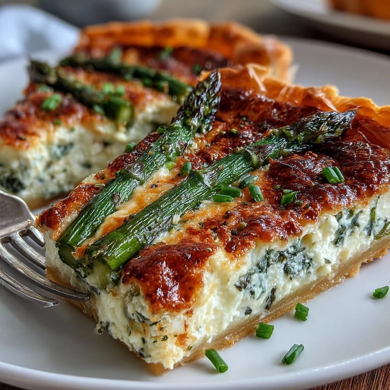 Elegant asparagus ricotta tart with a crisp golden crust, creamy cheese filling, and tender green asparagus, ideal for entertaining or weekend meals.