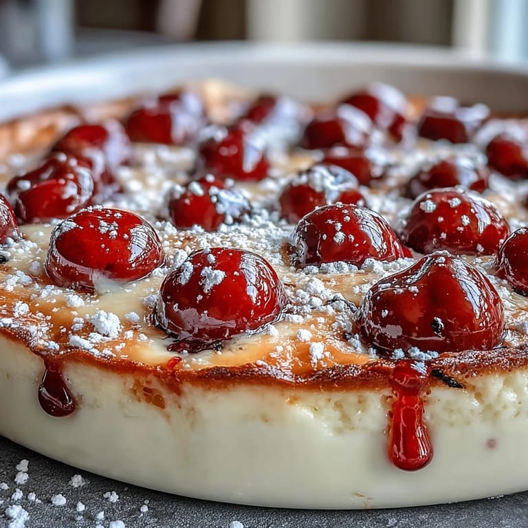 Juicy cherries baked in fluffy vanilla bean custard, a perfect summer treat.