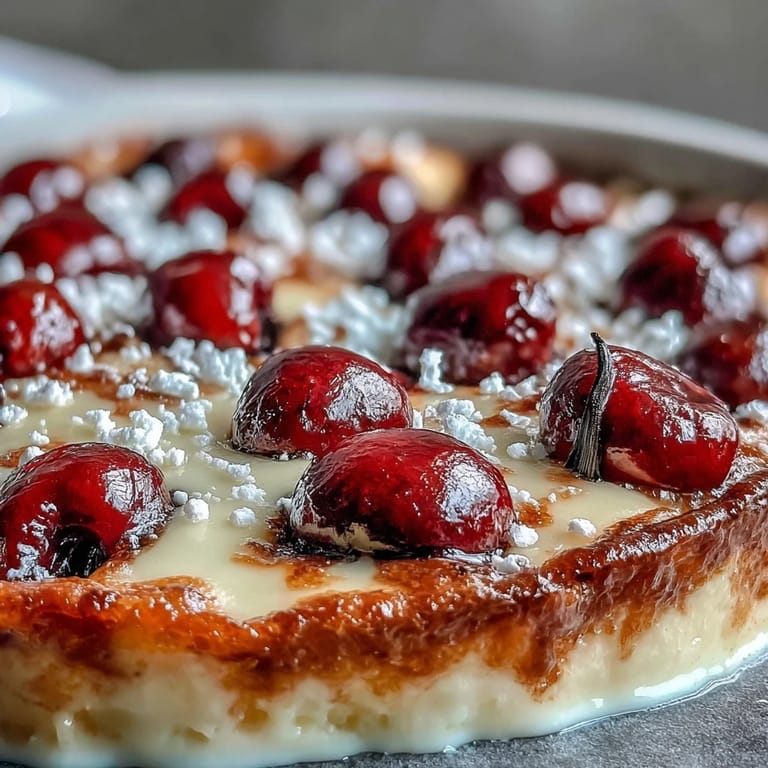 Warm, rustic French Fresh Cherry Clafoutis served elegantly, a delightful bite.