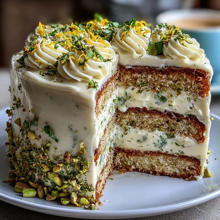 Festive layered cake with bright lemon zest and creamy pistachio frosting, ready for slicing.