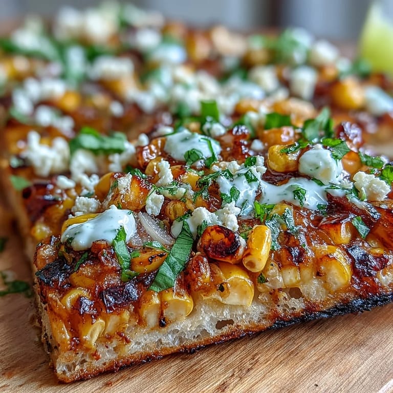 Deliciously charred corn flatbread topped with cotija, red onion, and spicy crema.