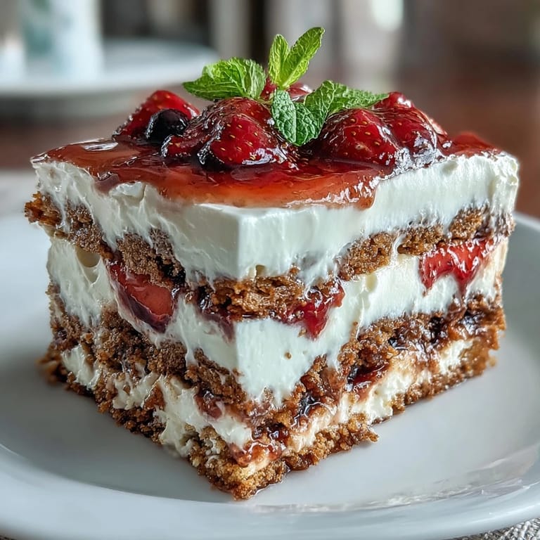Festive layers of creamy no-bake icebox cake and sweet fresh strawberries showcased.